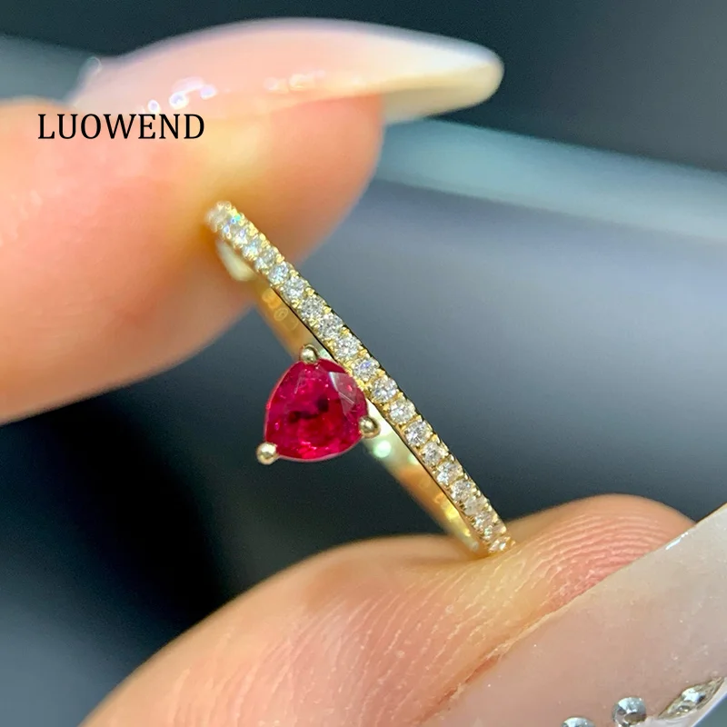 

LUOWEND 100% 18K Yellow Gold Rings Fashion Simple Style Shiny Diamond Natural Ruby Gemstone Ring for Women High Anniversary Gift