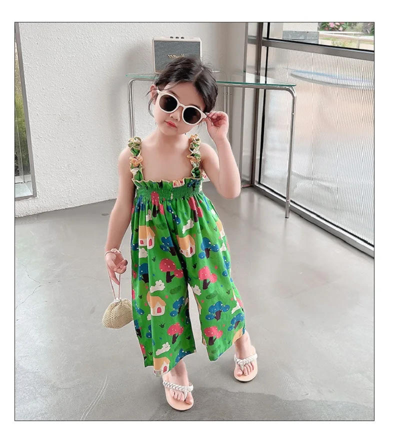 Summer Baby and Girls All-Over Printed Pleated Elastic Suspender Bodysuits Kids Strapped Jumpsuits Child Overalls Outfits 2-8 Yr