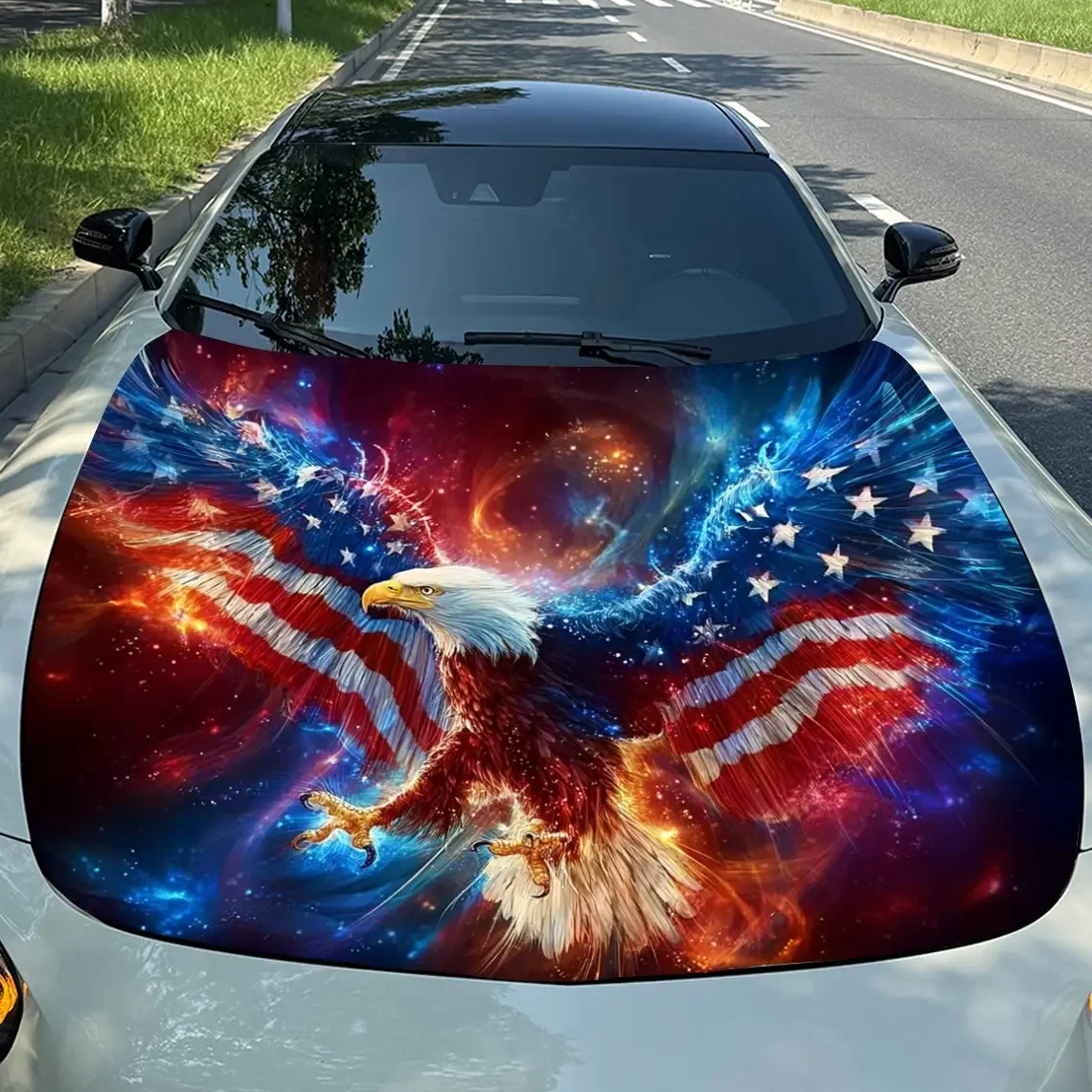 Star Spangled Banner Element Eagle Car Hood Decal - Durable PVC Vinyl Wrap For Engine Protection, Stylish Pattern & Bold Design,