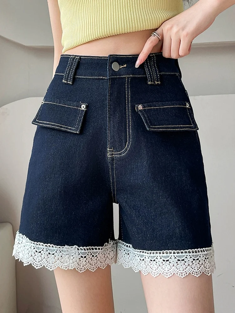 Deep blue straight leg denim shorts women in summer niche design sense lace high waist mid length and three part pants