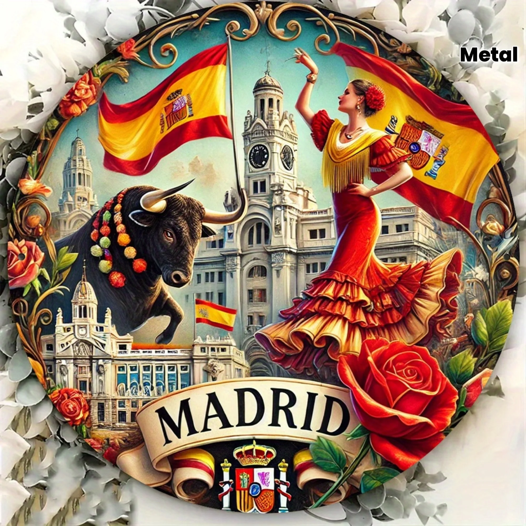 

2D плоская круглая металлическая жестяная табличка «Мадрид, Испания», винтажный декор для стен с изображением танцовщицы фламенко, быка и испанского флага, ретро-пейзаж Мадрида, тематика путешествий
