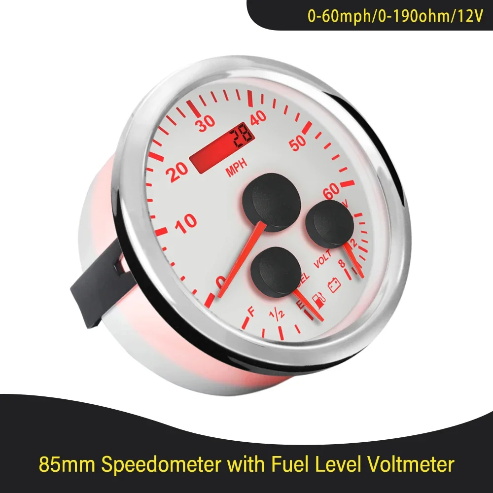 Waterproof 85mm GPS Speedometer Odometer with Fuel Level Tachometer Water Temp Oil Pressure Red Backlight for Car Boat Universal