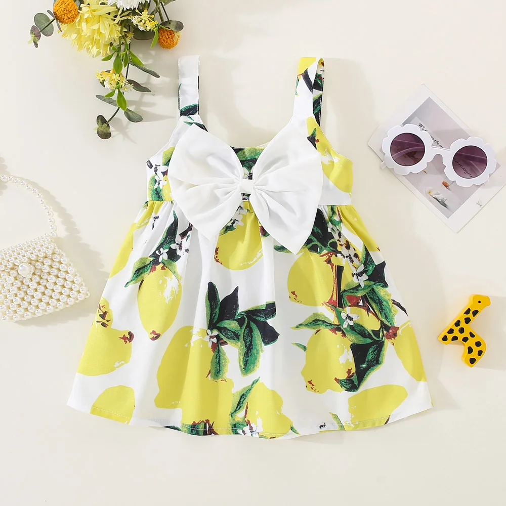 Summer girls dress children\'s sleeveless lemon print bow European and American style suspender dress