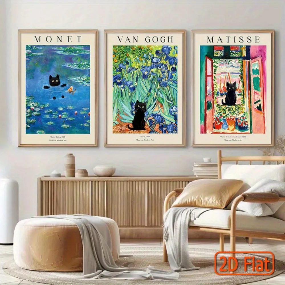 3 Frameless Canvas Prints of Famous Artists,Monet,Van Gogh,Matisse and Cat Illustrations,Classic Masterpieces and Modern Twists