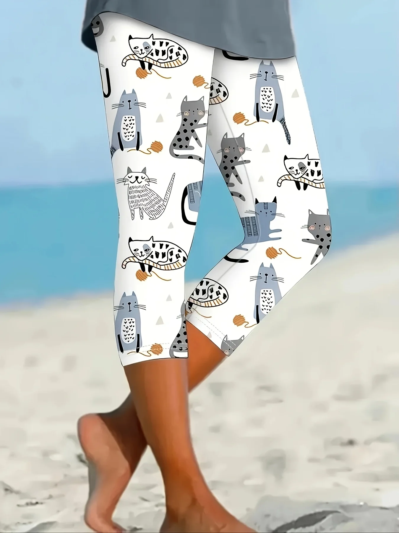 Y2K Women Cute Cartoon Cat All Over Print Fake Denim Capri Leggings High Elastic Non Denim Slim Summer Casual Pants