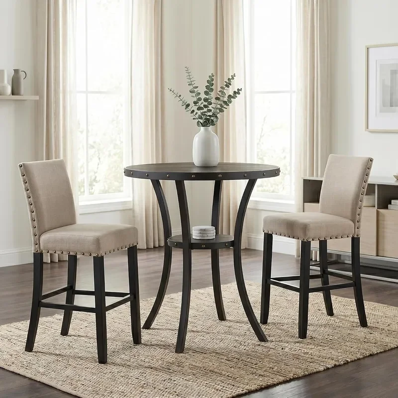 Biony 3 Piece Set 36 Round Espresso Bar Table with Nail Head Stools Tan