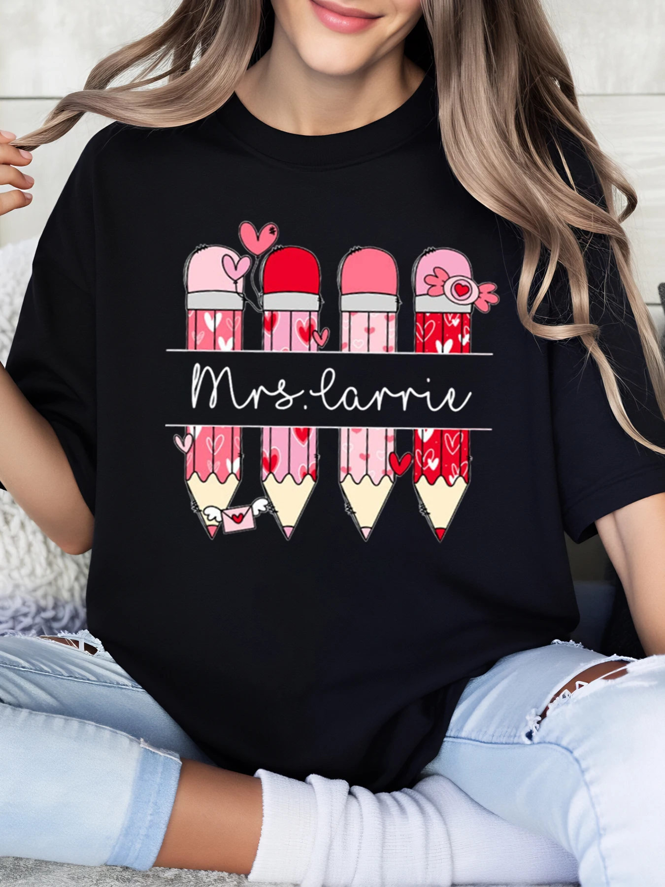 

Valentine Pencils Mrs Carrie Print t Shirt Valentine Teachers Gift Women Casual Wear Black Plus-Size