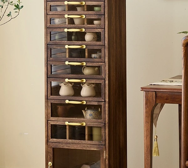Decorative play organizer cabinet multi-layer drawer visual glass mobile corner cabinet
