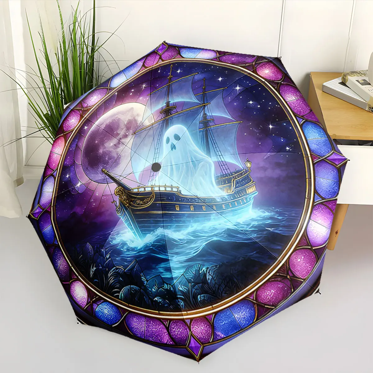1PC Mystical Ship Ghosts on a Colorful Umbrella Print 8 Iron Ribs Folding Umbrella Auto-Open Fashion Sunshade