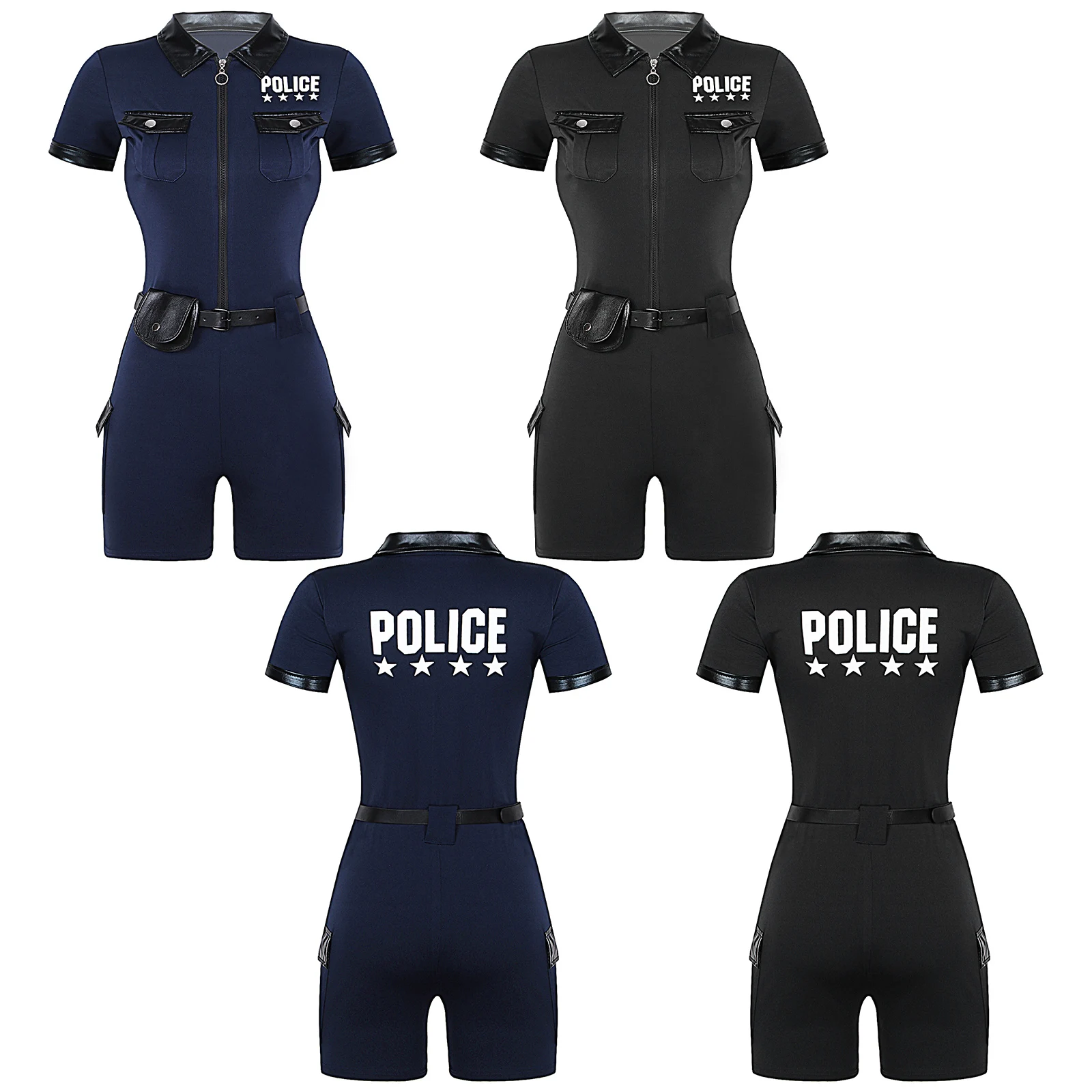 بدلة نسائية لضابط الشرطة كرنفال كونب بأكمام قصيرة وطباعة حروف مع حزام ومحفظة ملابس الشرطة للهالوين