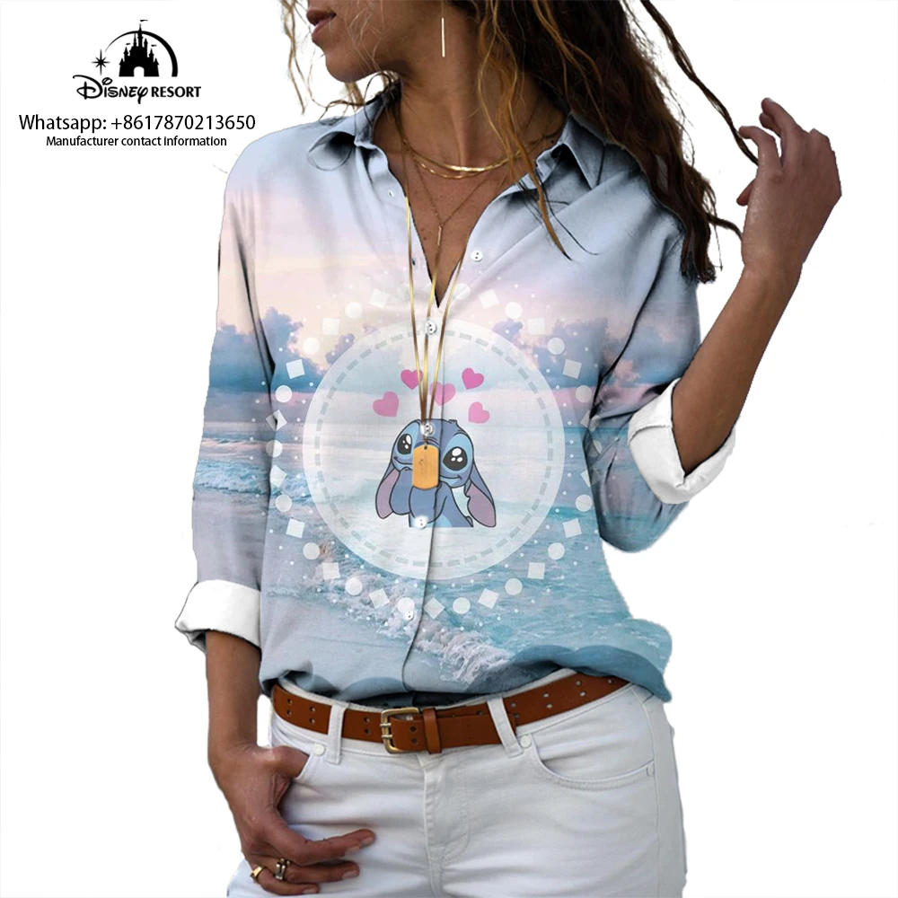 2024 Lilo & Stitch New Harajuku Fashion Lapel Long Sleeve Single Breasted Shirt Mary Cat Anime 3D Print Casual Shirt ins