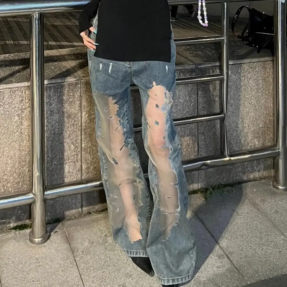 Unique High Waist Casual Mesh Jeans Loose Irregular Ripped Jeans See Through Straight Baggy Pants Streetwear