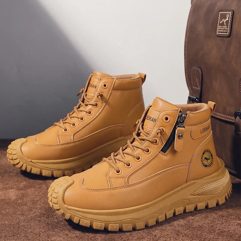 Men High Top Casual Boots Side Zipper Leather Shoes Non‑slip Thick Sole Male Work Ankle Boots for Daily Commute