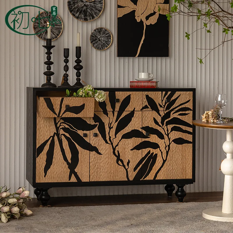 Wabi Sand Wind Home Combination Entrance Cabinet, Solid Wood Carving Pattern Dining Side Cabinet