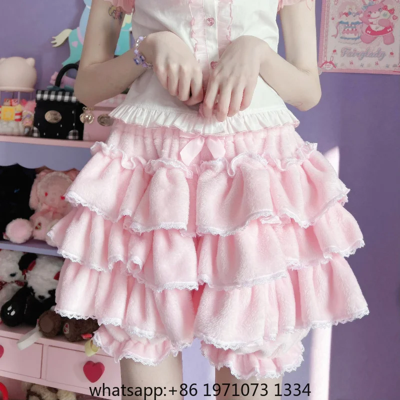 Autumn Winter Warm Lolita Safety Shorts Women Harajuku Y2k Bow JK Plush Pumpkin Pants Coral Fleece Bloomers Sweet Cute Knickers