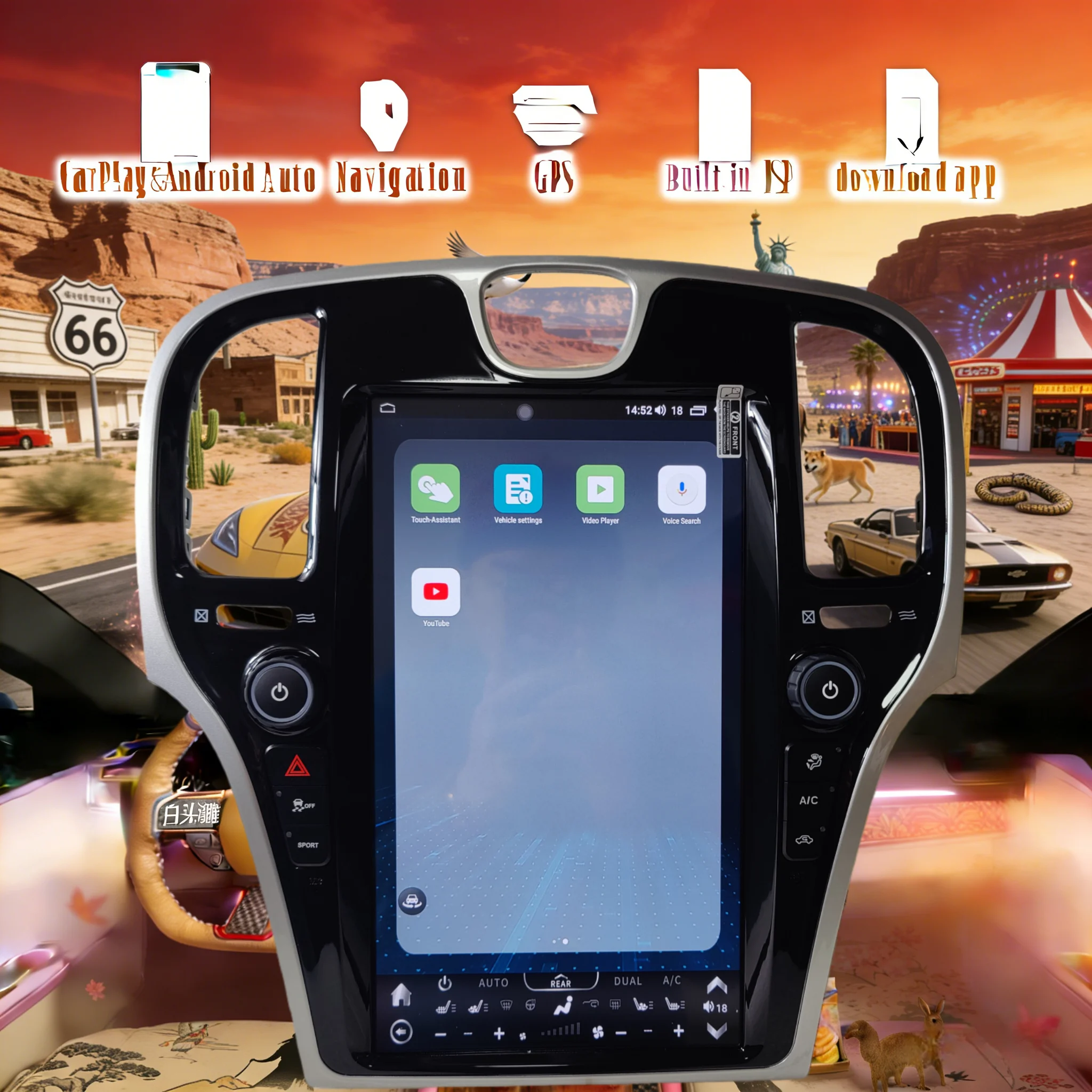 

14,5-дюймовый Android 14 CarPlay Auto для Chrysler 300 300C 300S 2011-2023: Автомобильное радио, мультимедийный стереоплеер, GPS-навигатор, головное устройство