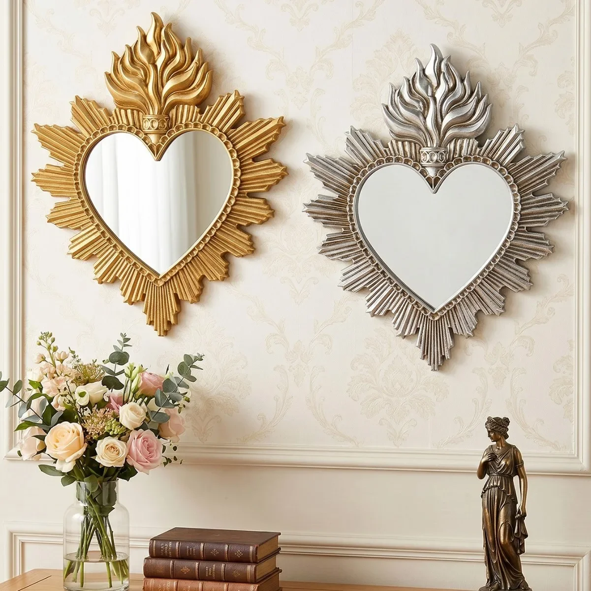 Vintage Sacred Heart Wall Mirror Flaming Heart‑Shaped Decor Mirror Gothic Resin Wall Hanging Art for Bedroom Entryway Home Decor