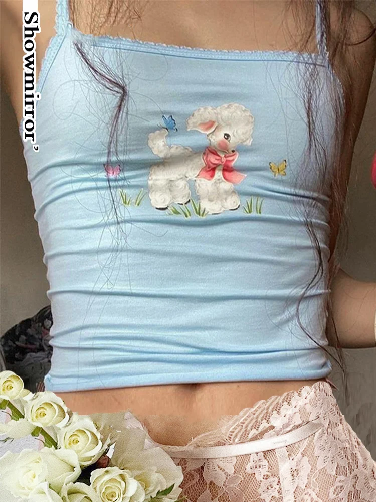 Baby Blue Camisole Streetwear Women cropped top sexy Cute Animal Printed Strapless Crop Tank Tops Y2k 90s Party club Vest