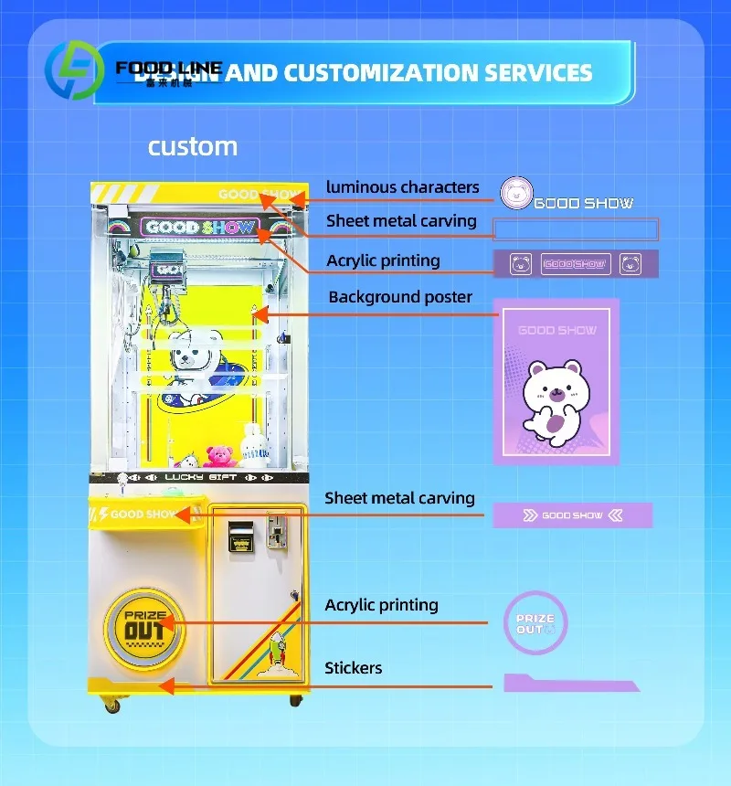 Customized Cute 4 Players Crane Claw Machine Coin Operated Toy Grabber Vending Machine for Commercial Amusement Use