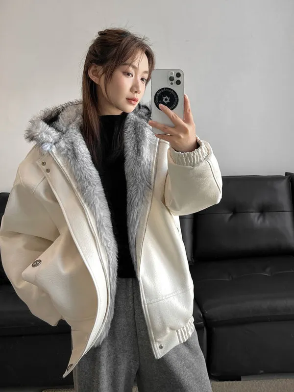 

Cleanfit American Sle Thiened PU Leather Cotton Jaet Men's Winter Warmth Outerwear Casual Long Sve Zipper Coat