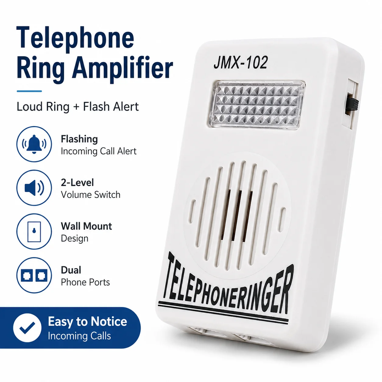 Telephone Ring Amplifier with Flash Alert 2-Level Adjustable Ringer Wall Mount Incoming Call Bell Booster