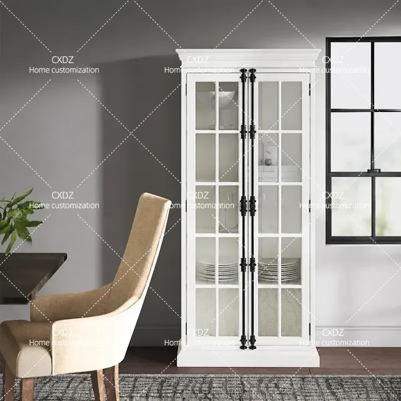 Rural Retro Solid Wood Bookcase with Heaven and Earth Lock Medieval Glass Door Dining Side Cabinet Double Door Wine Display