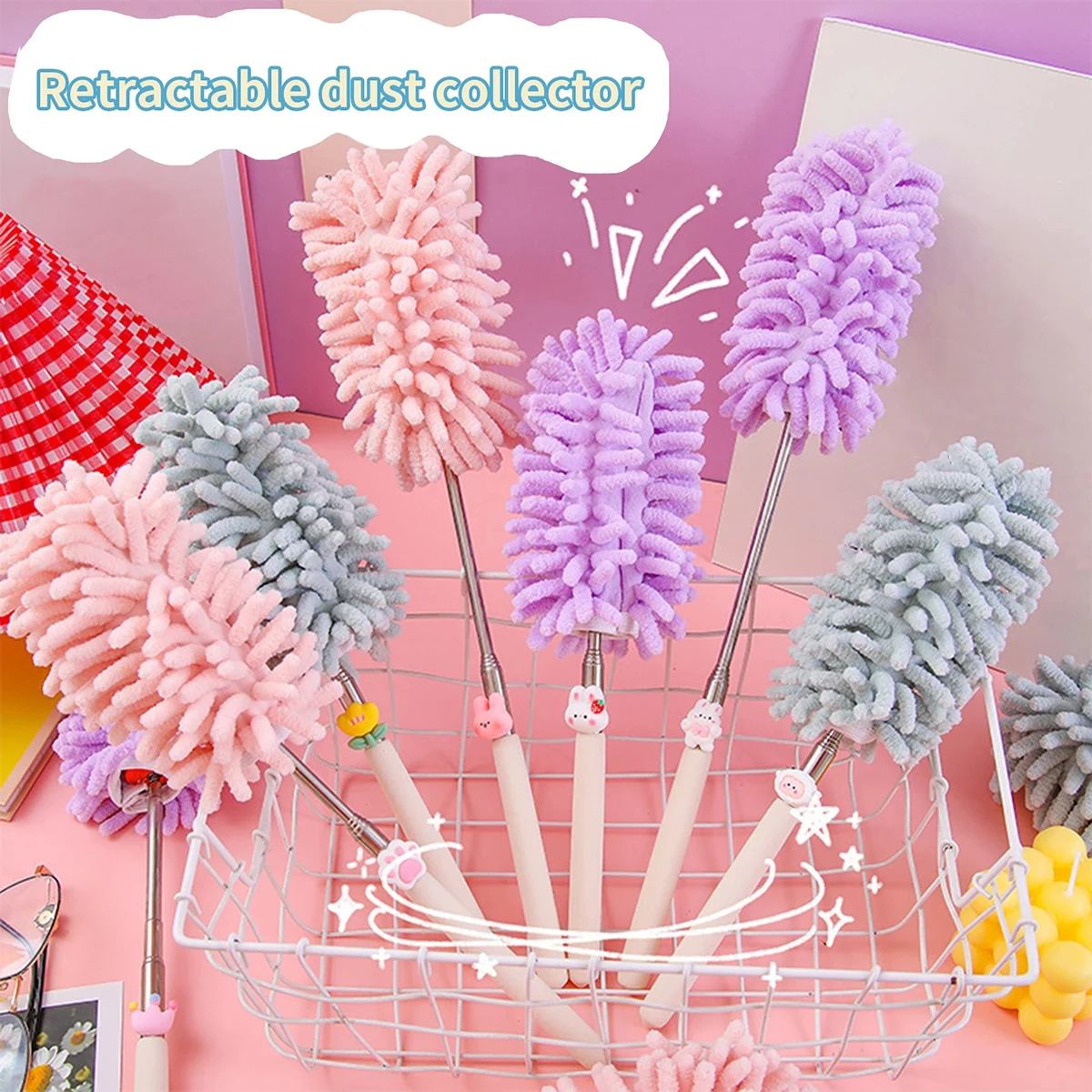 Telescopic Lengthen Duster Microfiber Chenille Home Cleaning Stainless Dust Removal Steel Dust Brush Ceiling Clean Multifunction