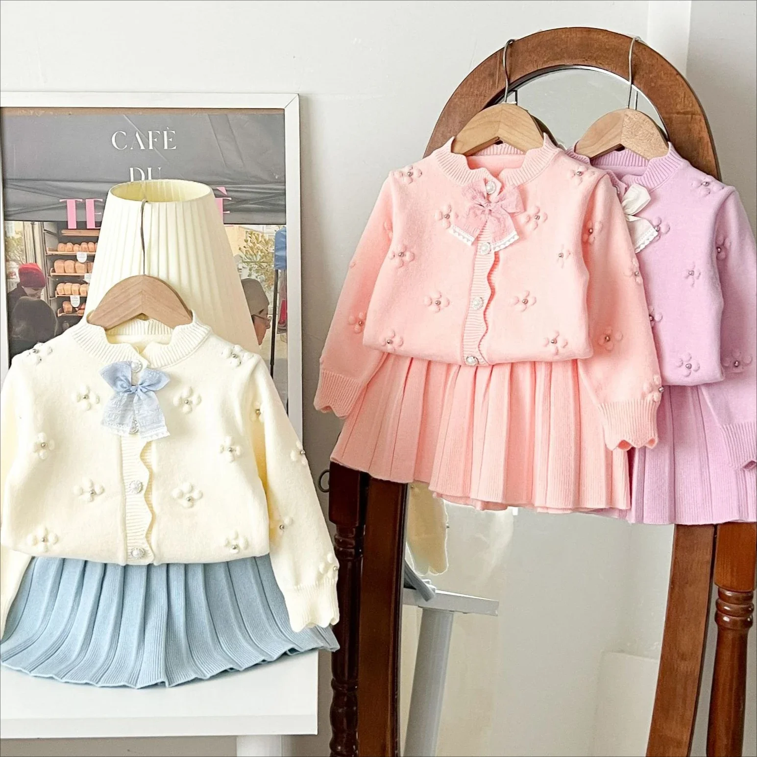 Girl Suit 2026 Spring And Autumn New Childrens Clothing Girl Baby Sweet Bowknot Embroidery Cardigan Pleated Skirt Two Sets