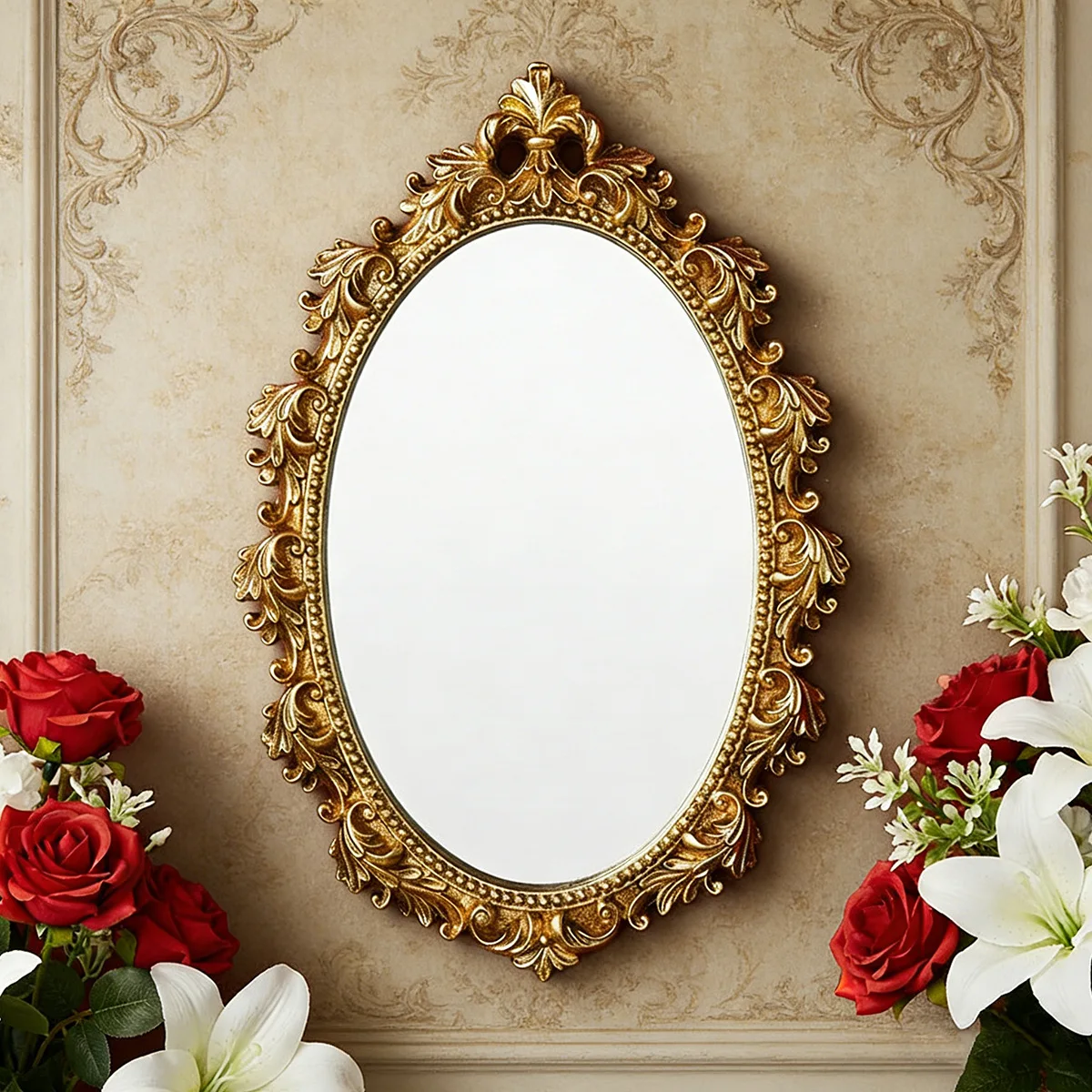 gold Classical lace pattern oval decorative hanging mirror European-style background wall decoration home art pendant