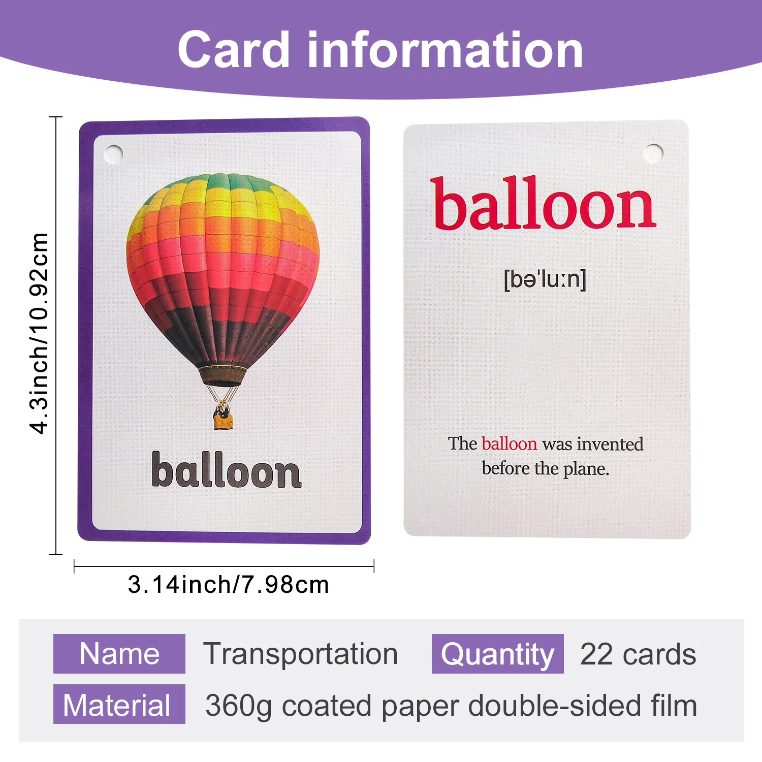 22Pcs Transportation Theme Educational Learning Cards for Kids Preschool Vocabulary Cognitive Flashcards Teaching Aids