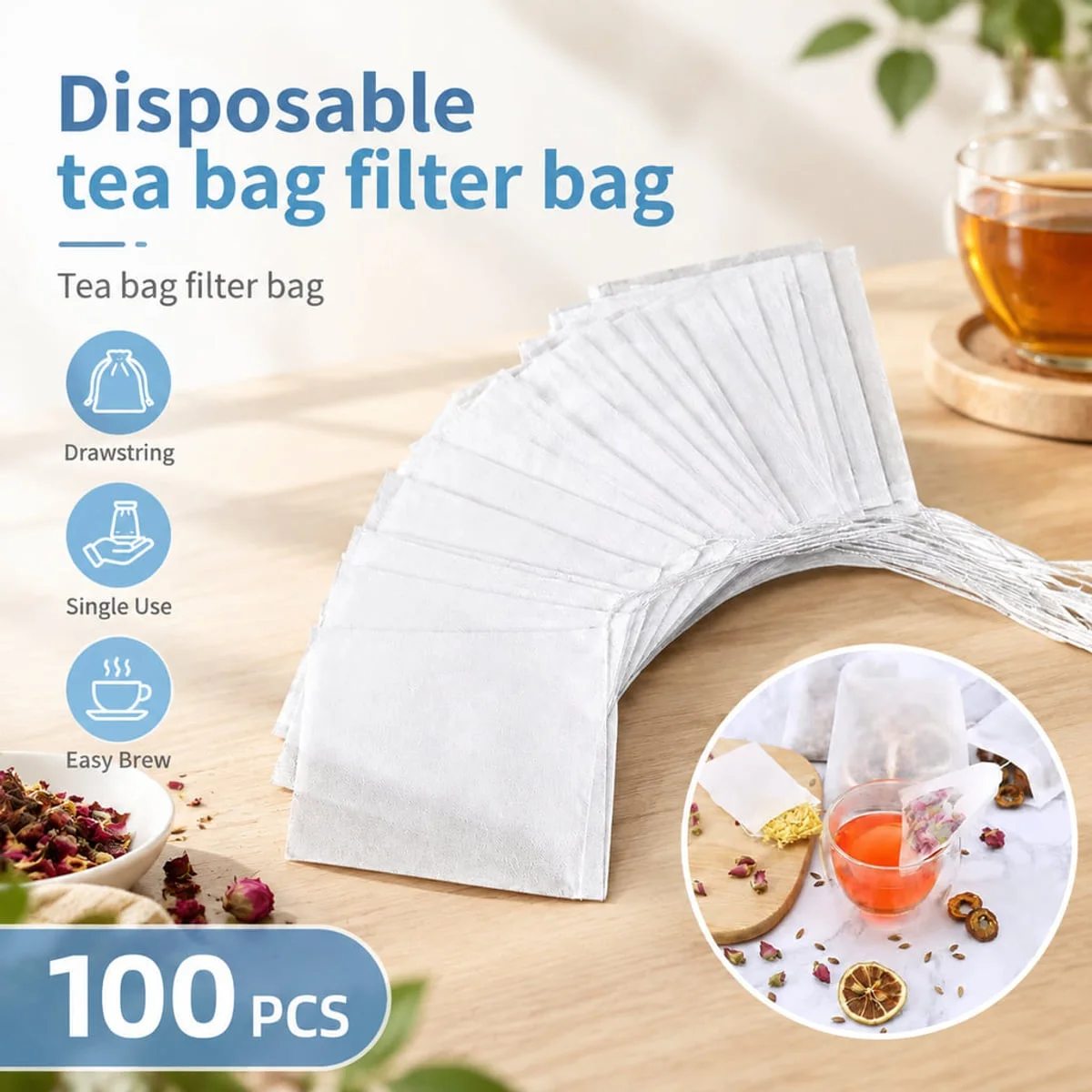 Disposable Tea Filter Bags with Drawstring for Loose Leaf Tea Herbal Tea Flowers Kitchen Home Brewing Household Organization