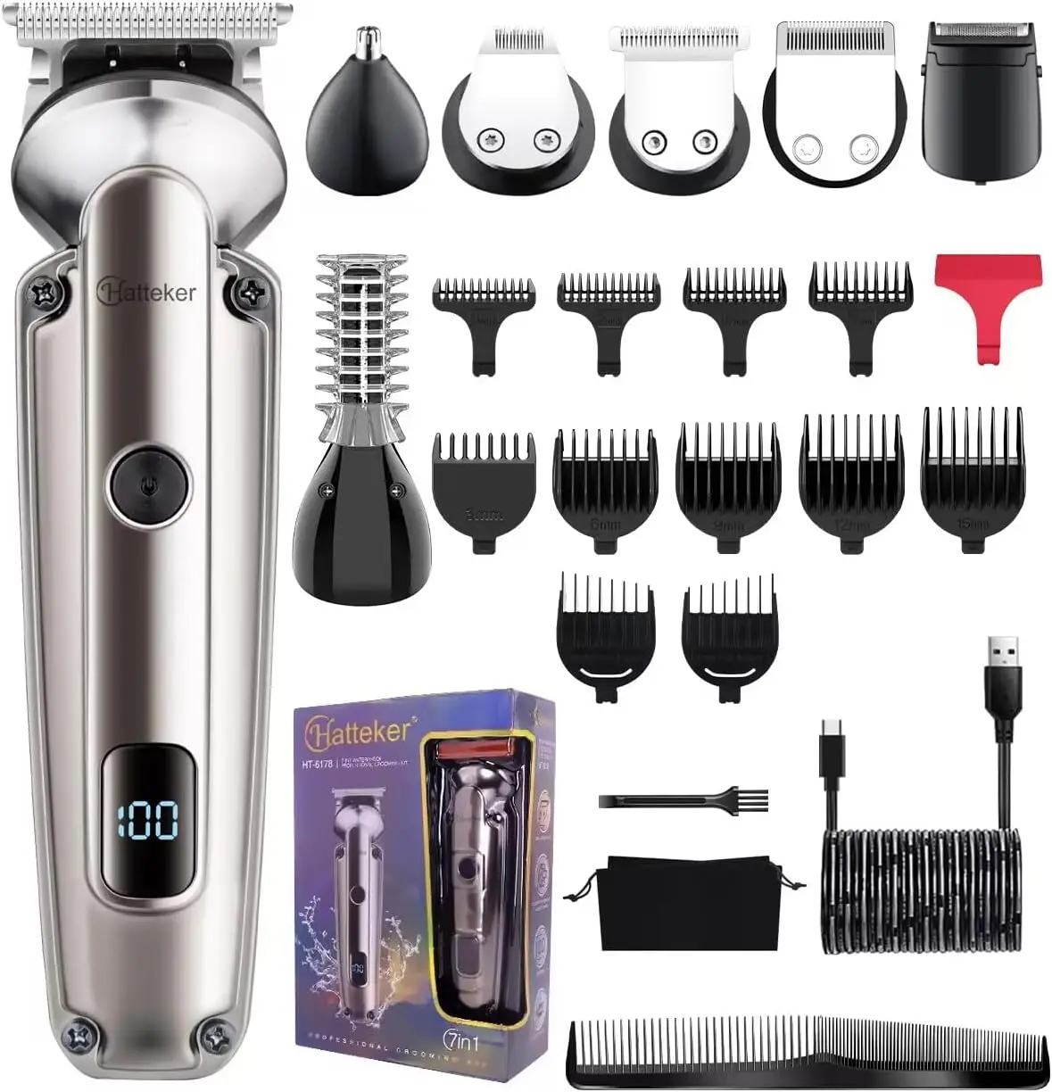 

Waterproof Beard Trimmer for Men, 7-in-1 Electric Razor & Hair Clipper, Cordless Shaving Kit with LED Display, 180 Min Runtime, 6500RPM Motor, 12 Guide Combs