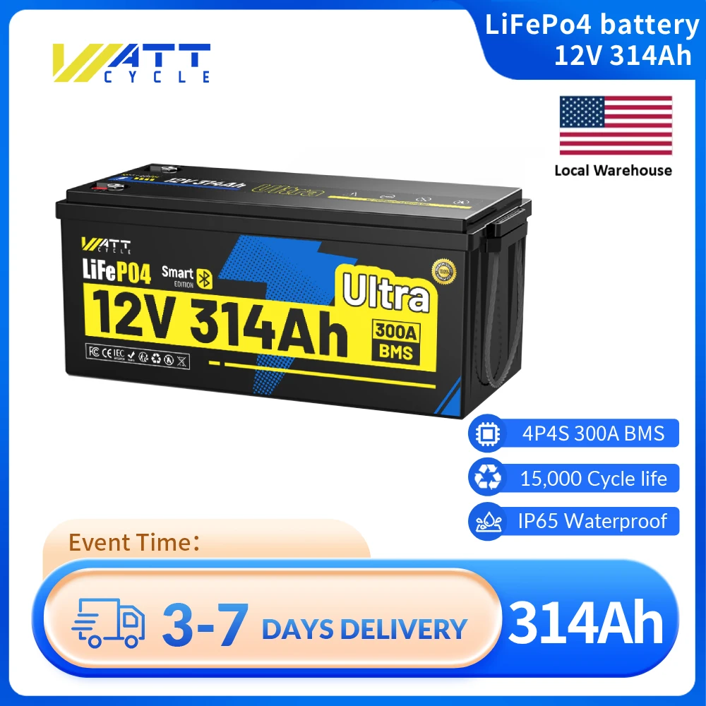 

Wattcycle 12 В 314 Ач Ultra LiFePO4 аккумулятор с 300 А BMS с Bluetooth 4019 Втч энергии для автодома/морского/ИБП/домашнего хранения/выключения сети