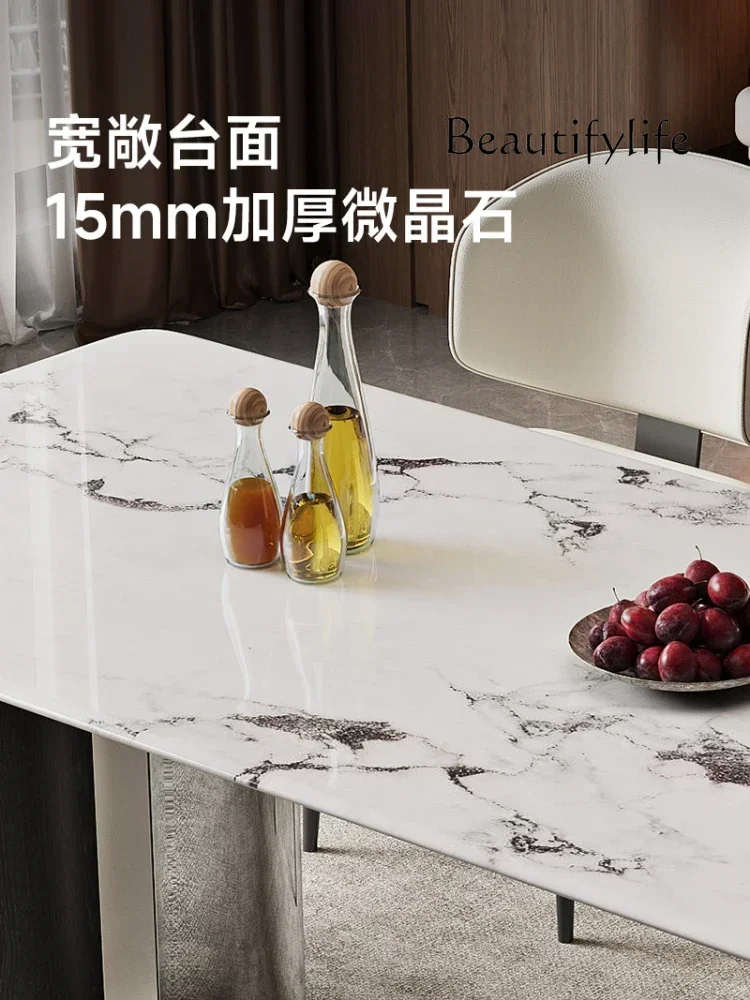 

Light luxury microcrystalline stone dining table new modern simple living room rectangular Nordic hardware table and chair