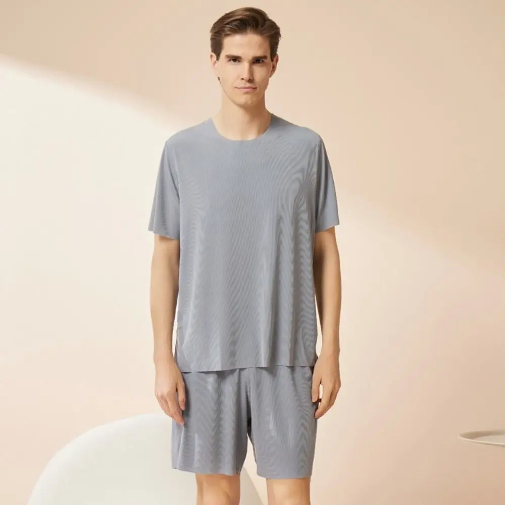 Home Clothes Seamless Short Sleeve Sleepwear Suit Loose Ice Silk Men Summer Pajamas Home Wear Simple 2Piece Nightwear Set Summer