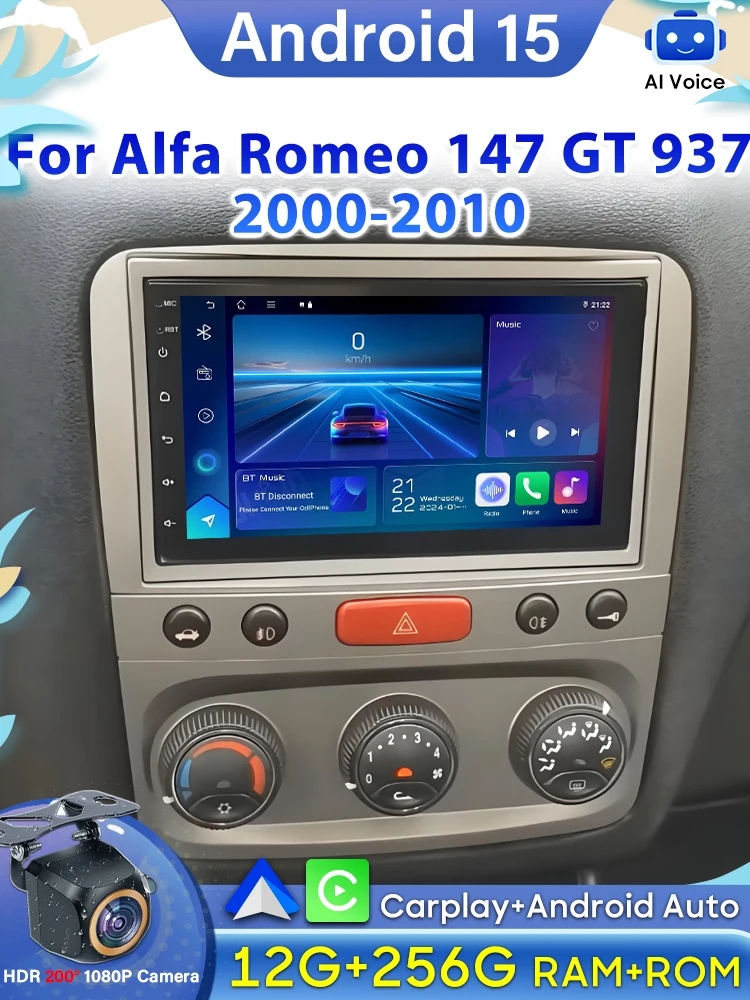 Android 16 Carplay dla Alfa Romeo 147 GT 937 2000-2010 Nawigacja GPS Radio Samochodowe z Odtwarzaniem Wideo GPS Multimedialny Monitor Samochodowy DVD — 2