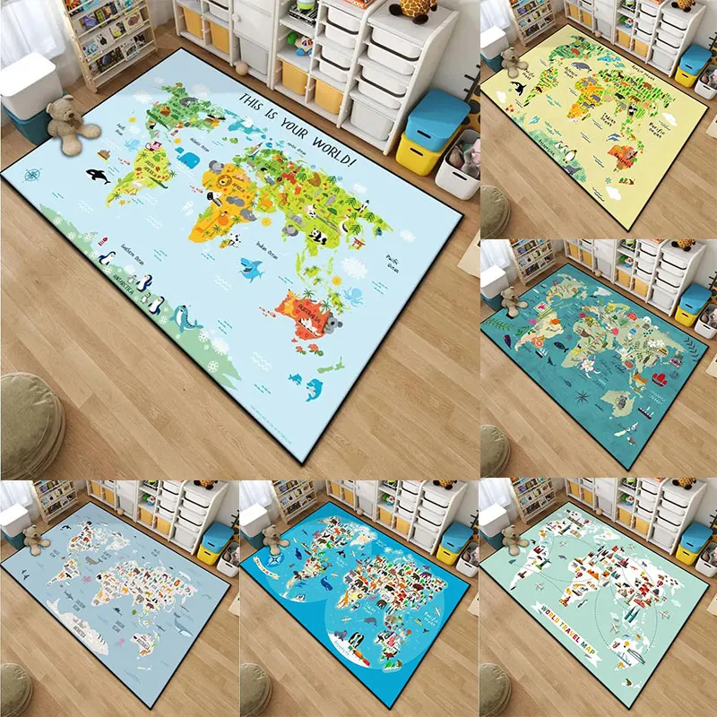 Cartoon Kinder Weltkarte Muster Wohnzimmer Schlafzimmer Teppich Nachttisch Badezimmer Bodenmatte 15 Größen Bereich Teppich Kinderzimmer Spielmatte
