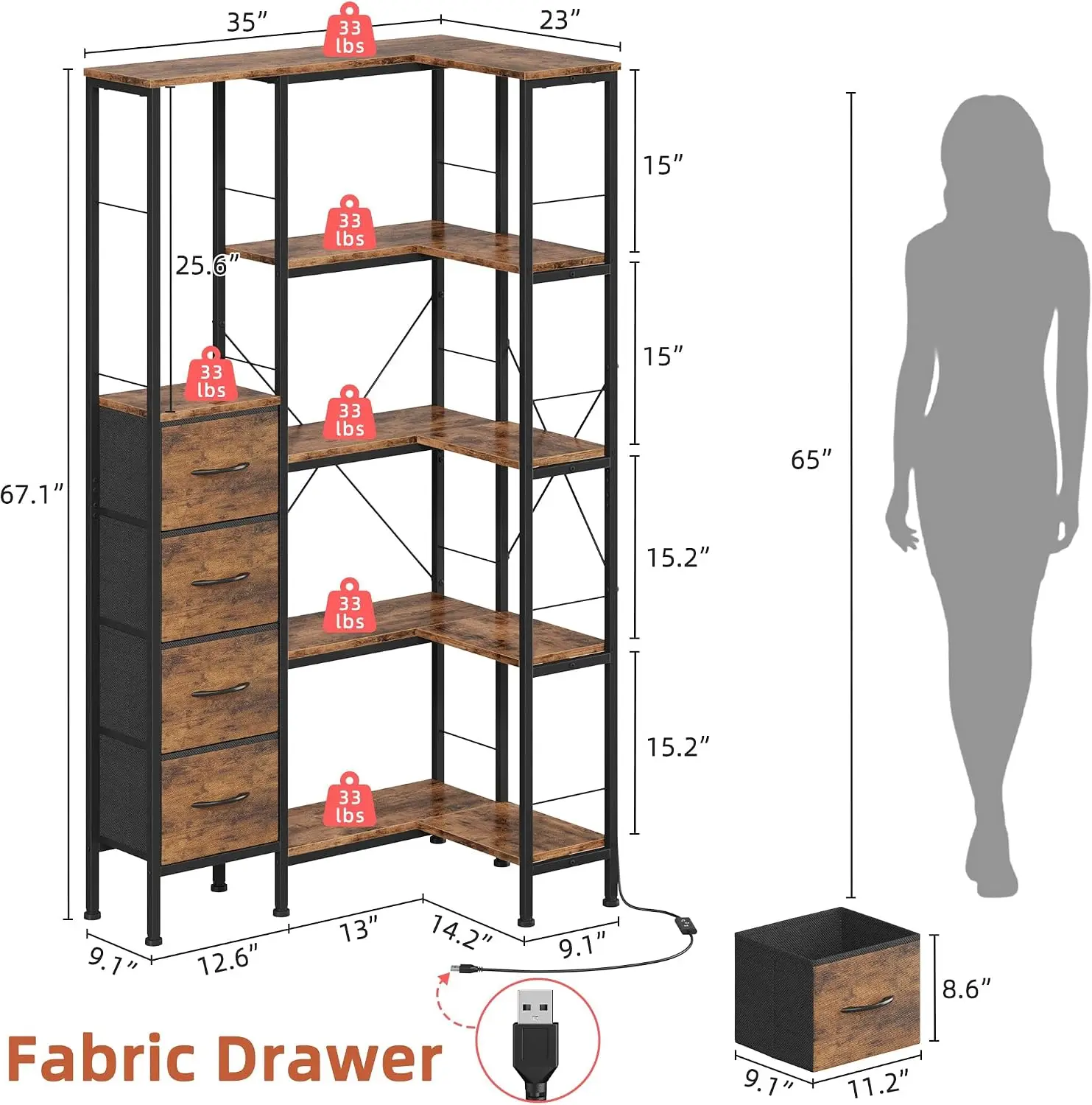 5 Tier Convertible Corner Bookshelf LED Light Strips 4 Fabric Drawers Display Shelf Large Wood Industrial Bookcase Living Room B