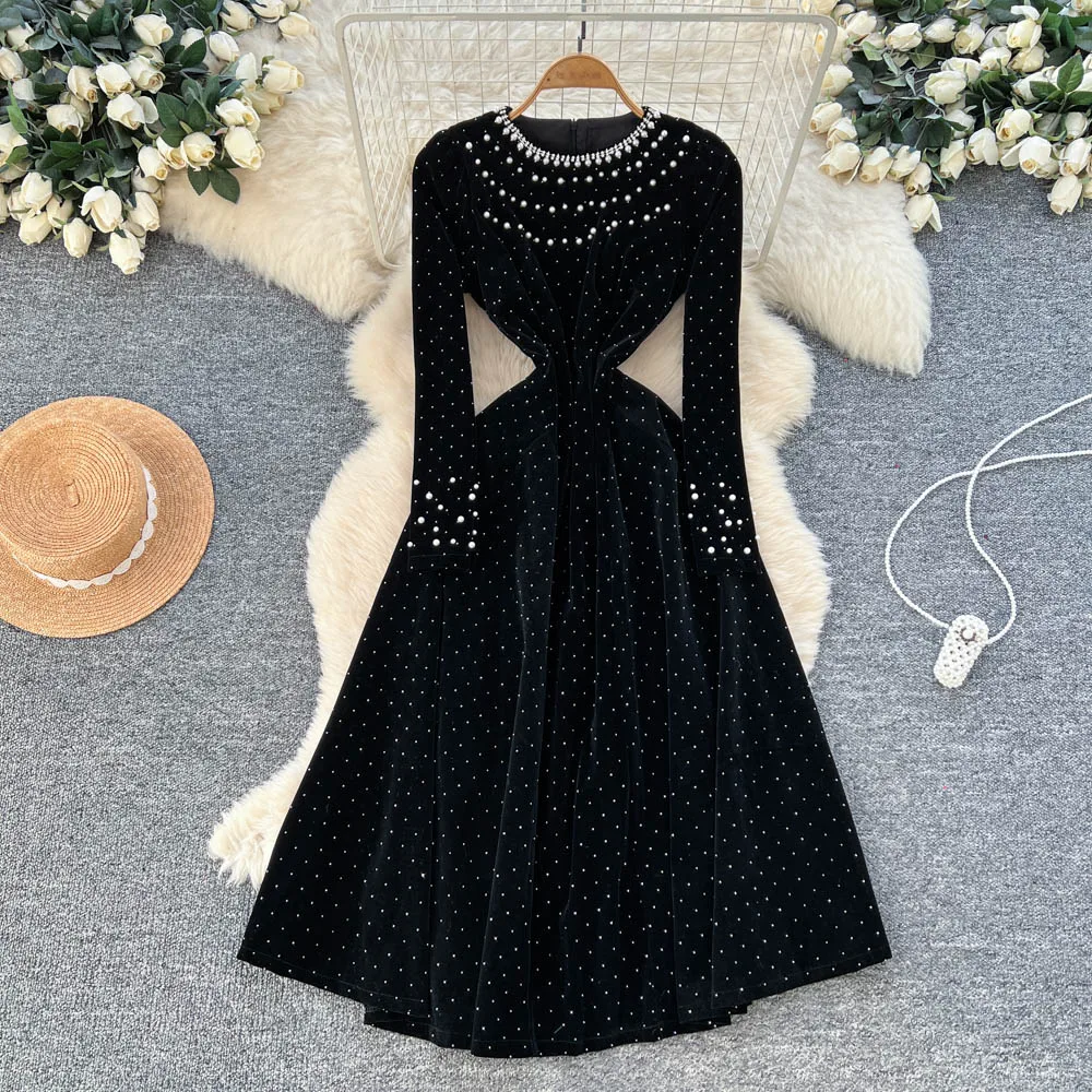 Chique elegante velours vintage chique slanke jurken met lange mouwen Koreaanse mode High Street dameskleding