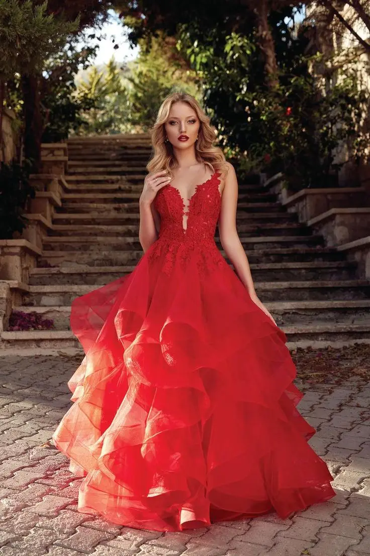 Vestidos de fiesta rojos con volantes hasta el suelo, vestido esponjoso de Organza para fiesta de cumpleaños, vestido para ocasiones especiales para mujer personalizado