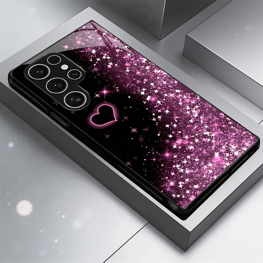 Sparkling Star Love Phone case s26 ultra Glass phone case for Samsung Galaxy S26/S25/S24/S23/S22/S21 FE Ultra Plus Shockproof