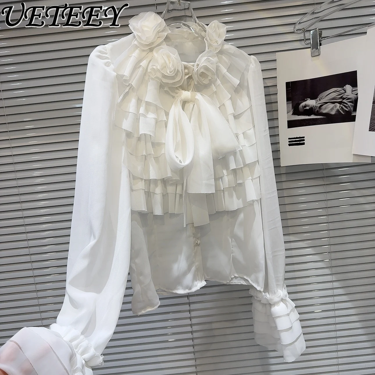 

2024 Spring Summer New French Pleated Lace-up Collar Chiffon Shirt Women Elegant Long Sleeve White Blouse Top Female Camisas