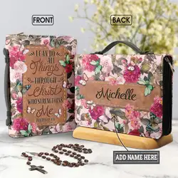 Pretty Floral Bible Hymns Print Women's Bible Cover Case I Can Do All Things Through Christ Words Bible Bags Customized Gifts