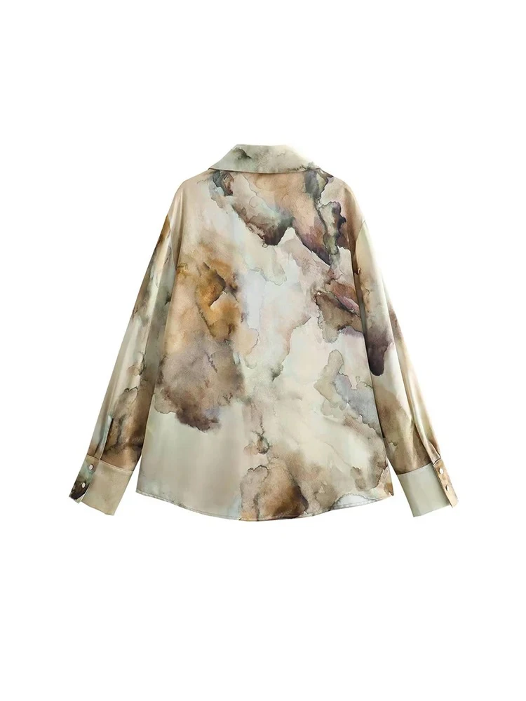 Women's Printed Single Breasted Slim Long Shirt Loose Temperament Fashion Mid-Length Skirt Silk Texture Ink Tie-Dye Suit