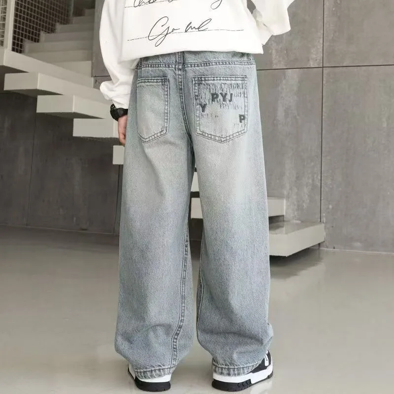 Herbst Kinder Jeans UNITIM 4-14 Jahre Jungen Denim-Hosen mit Schriftzetteltasche Lose Elastische Taille Junior Jungen Gerade Hosen Teenager Jungen Hose – Detail 6