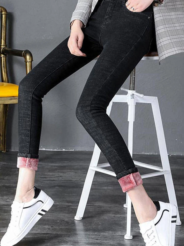 Women\'s Thick Velvet Jeans, Stretch High Waist Pencil Pants, Female Casual Plus, Fashion, 2024