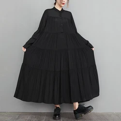 #3390 Spring Black Pleated Long Shirt Dress Women Stand Collar Button A-line Dress Ladies Loose Vintage Split Joint Tiered Dress
