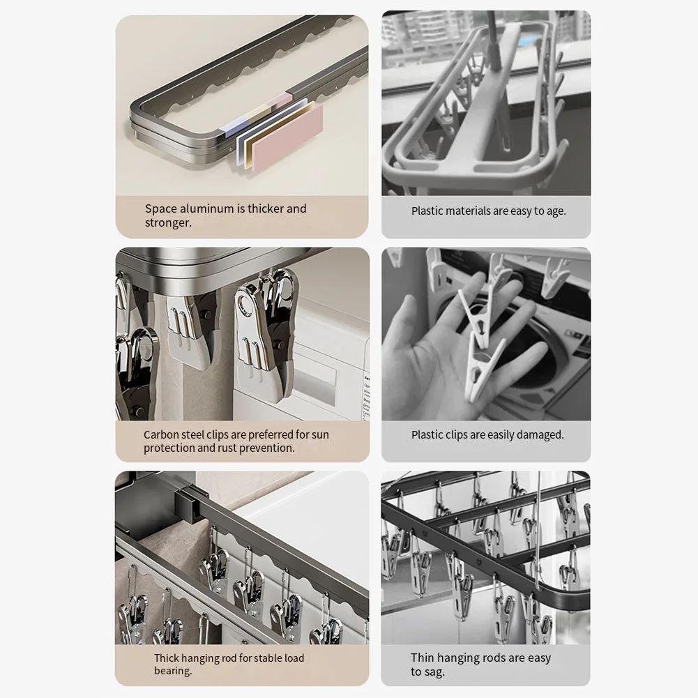 Multi Functional Suction Cup Sock Drying Rack Foldable Windproof Aluminum ABS Steel with Multiple Clip Holders
