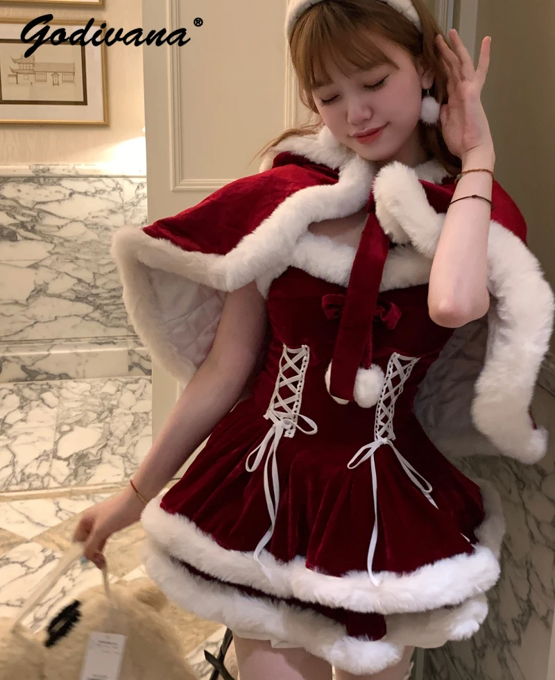 

Christmas Gift New Winter Fur Stitching Hooded Cloak Spaghetti Strap Red Dress 2 Piece Set Sweet Cute Women's Cape Dresses