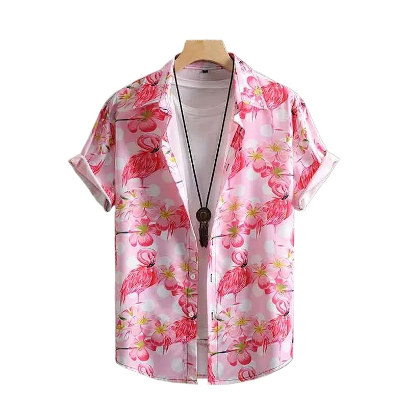 Flamingo Pattern Casual Short Sleeve Shirt, Men's Hawaiian Shirt For Summer Vacation Resort